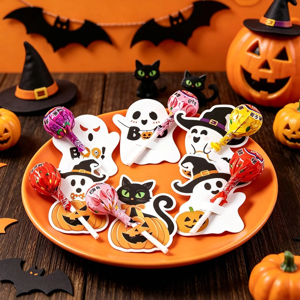 An orange plate holds various Halloween-themed lollipop holder cards featuring ghosts, bats, and cats.