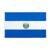 A rectangular flag featuring the horizontal stripes of the flag of El Salvador, including the national coat of arms.
