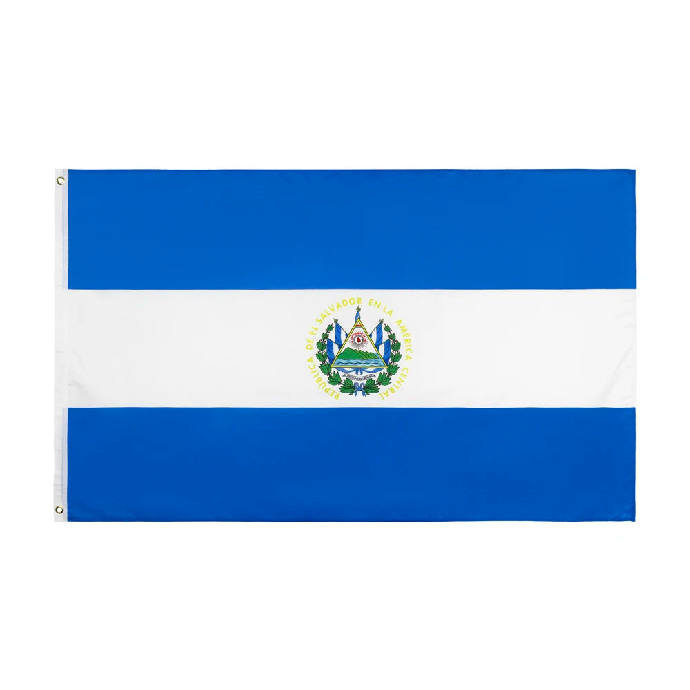 A rectangular flag featuring the horizontal stripes of the flag of El Salvador, including the national coat of arms.