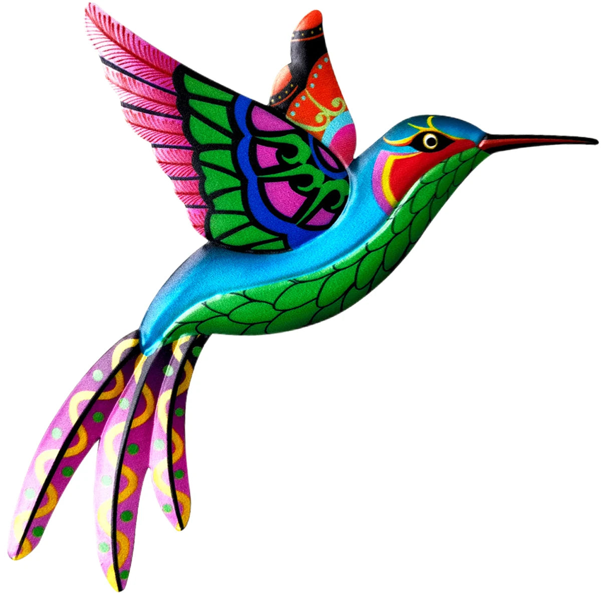 Vibrant metal hummingbird wall art featuring iridescent blue, green, and pink feathers.