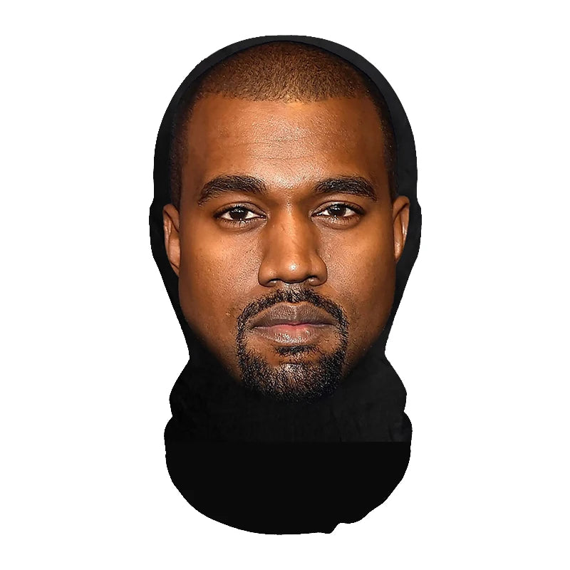 A realistic full-face cosplay mask for Halloween worn by a man with a short beard and dark skin.