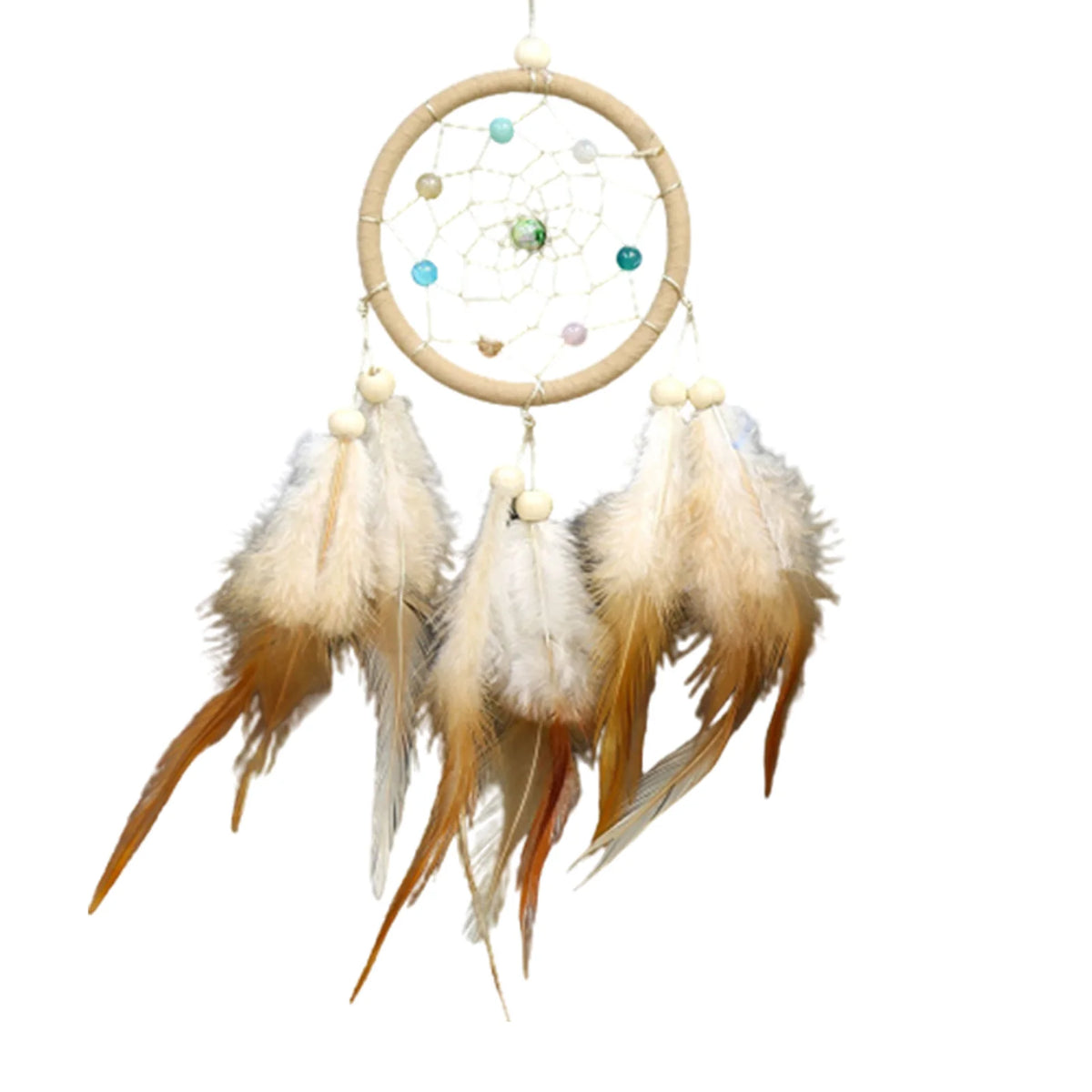 Handmade boho feather dream catcher wall decor with a circular hoop and hanging feathers