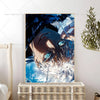 Anime wall poster of Gojo Satoru featuring blue eyes and dramatic lighting.