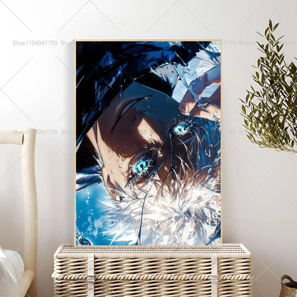 Anime wall poster of Gojo Satoru featuring blue eyes and dramatic lighting.