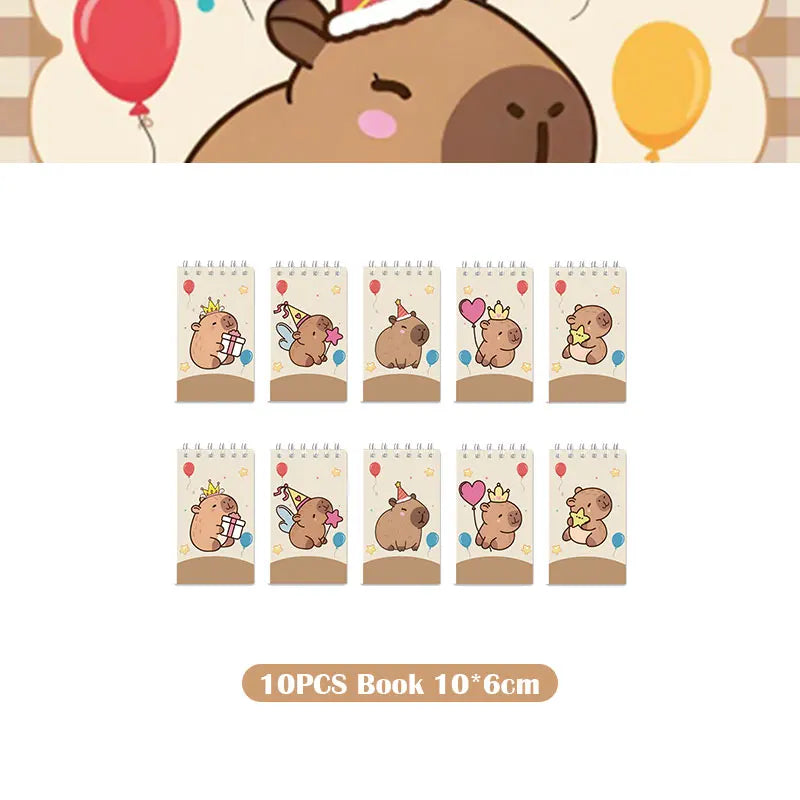 A set of 10 pieces of birthday party decorations featuring cute capybara characters and balloons for a celebration kit.
