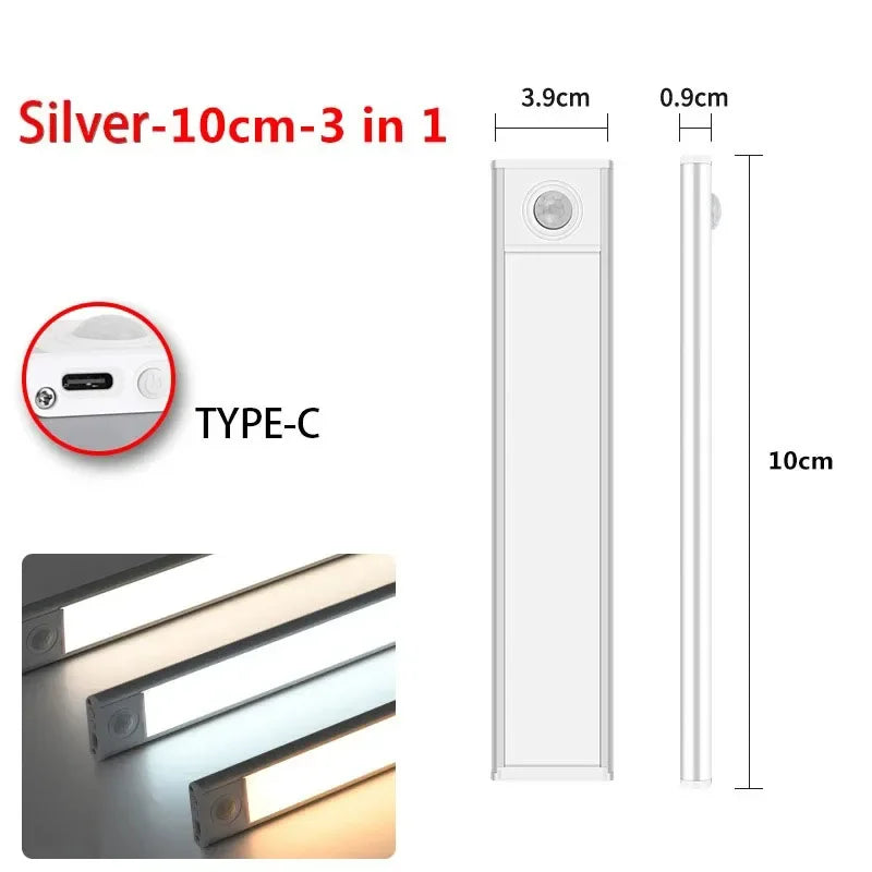 Silver 10cm 3-in-1 motion sensor under cabinet light with rechargeable battery shown in various views.