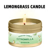 A jar of citronella lemongrass scented candle with a lit wick.