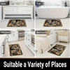 Funny cat with knife doormat shown in various contexts including a kitchen sink, bathtub, and bedroom.