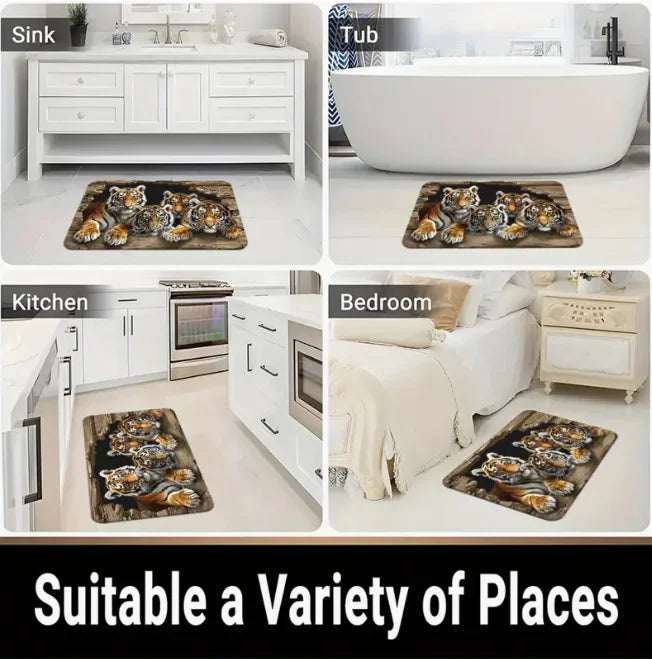 Funny cat with knife doormat shown in various contexts including a kitchen sink, bathtub, and bedroom.