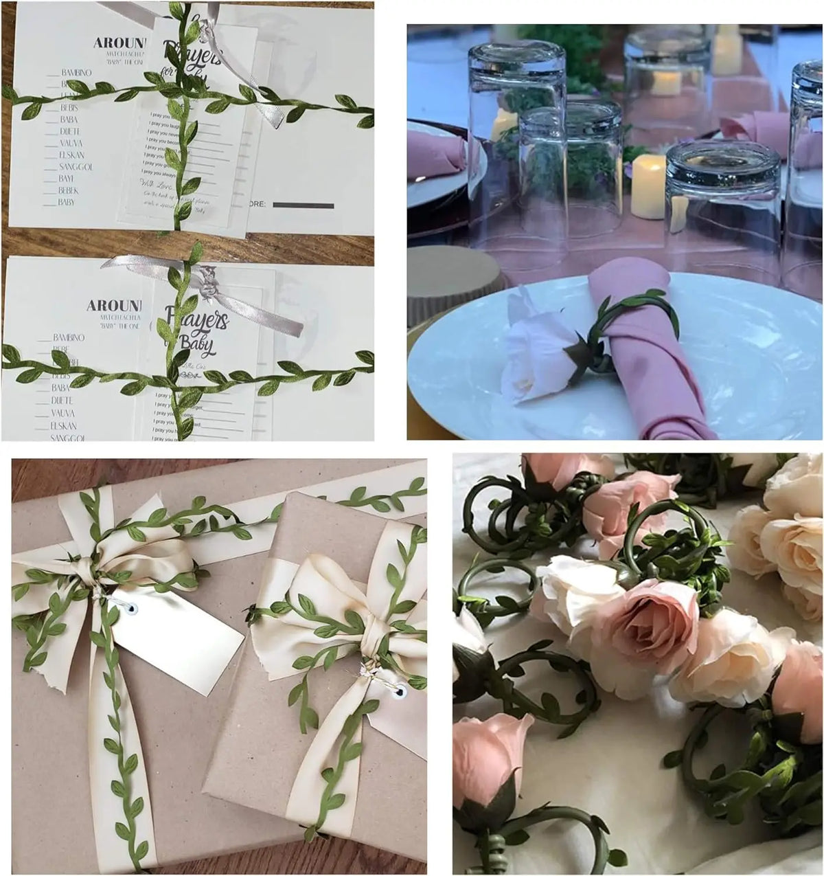 Artificial green climbing vine used as home decor in various packaging and floral arrangements.