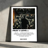 A black and white poster featuring the text Pray 4 Love and lyrics by Rod Wave, set against a background of bright lights.