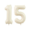 A set of beige helium foil number balloons spelling out fifteen
