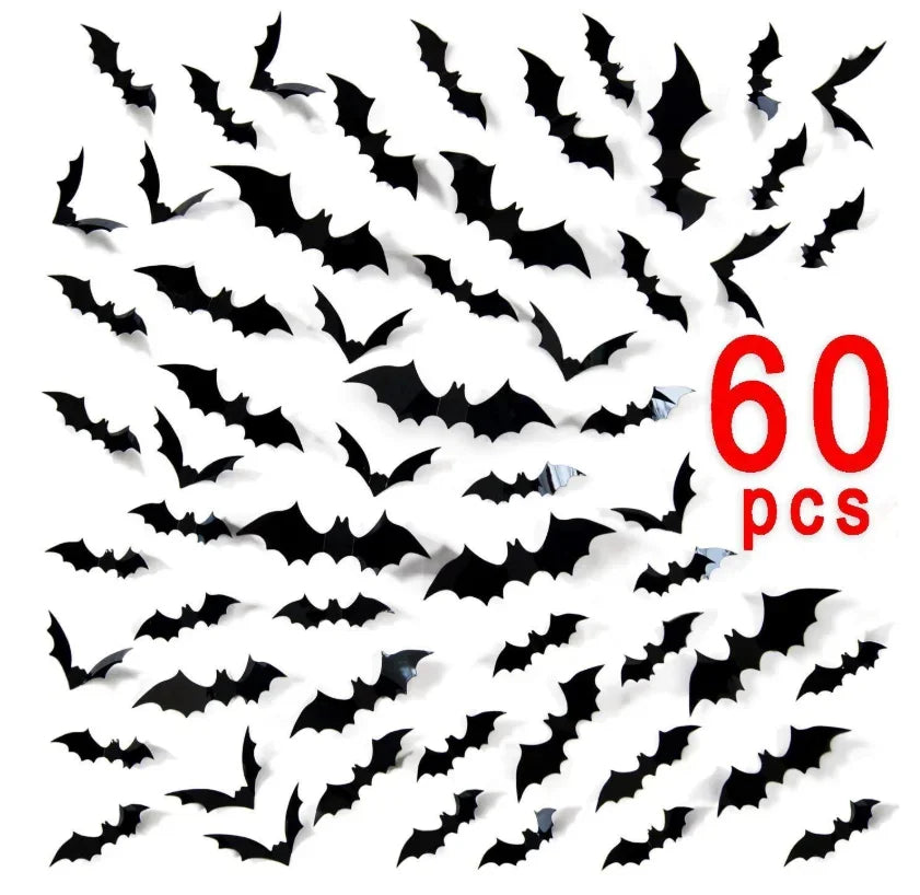 A collection of black bat-shaped 3D wall stickers for Halloween decor