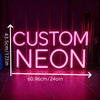 A glowing pink neon sign spelling CUSTOM NEON is displayed on a dark surface.