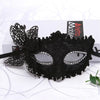 Black lace half-face mask with silver detailing displayed on a white background.