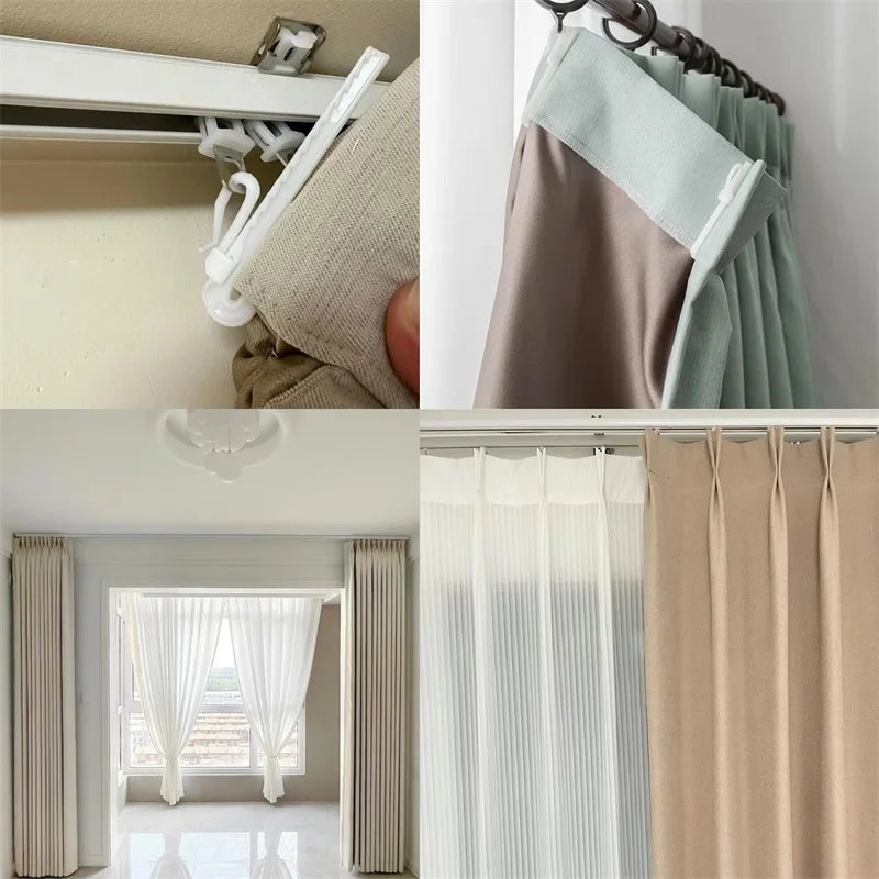 Three adjustable pinch pleat curtain hooks for pleated drapes shown in various colors and close-up views.
