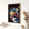 A vertical poster featuring characters from Fullmetal Alchemist anime in a dark, stylized design.