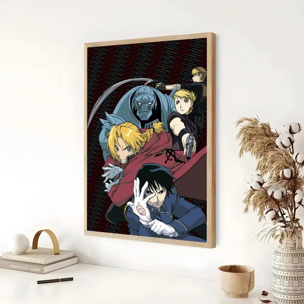 A vertical poster featuring characters from Fullmetal Alchemist anime in a dark, stylized design.