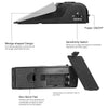 A black wedge-shaped security alarm device with a sensitivity switch and a non-skid pad for door protection.