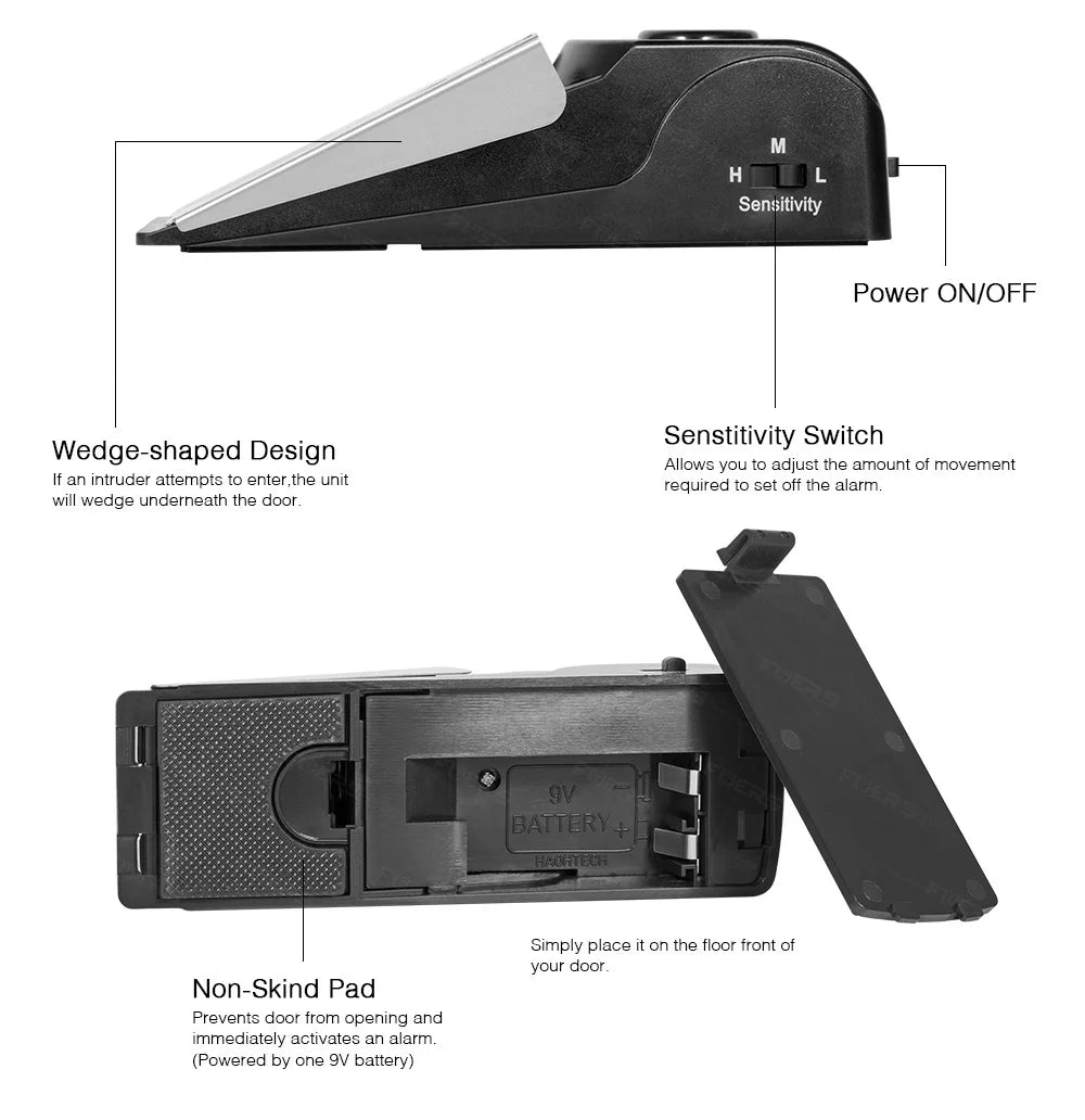 A black wedge-shaped security alarm device with a sensitivity switch and a non-skid pad for door protection.