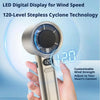A hand holds a silver handheld fan with a digital display showing 120 speed, used for wind speed measurement.