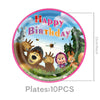 A circular plate for a birthday party featuring characters from Masha and Bear