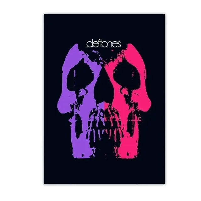 A dark poster featuring a stylized skull design with purple and pink hues, inspired by the Deftones band.