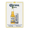 A bottle of Corona Extra beer is displayed on a card with the text Good Tasting Good Material Brewed Beer Tasting Delicacy.