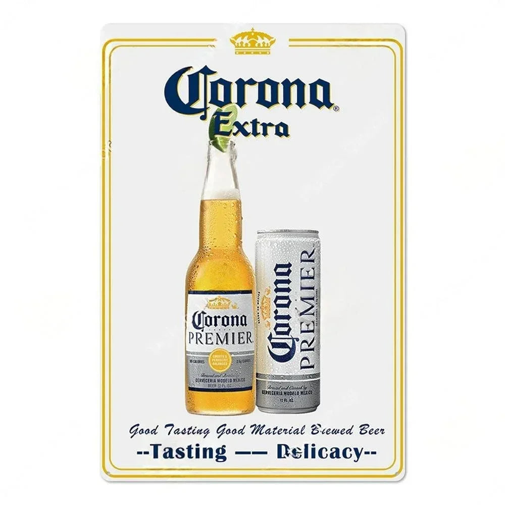 A bottle of Corona Extra beer is displayed on a card with the text Good Tasting Good Material Brewed Beer Tasting Delicacy.
