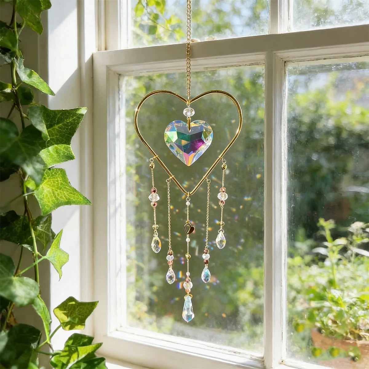 A heart-shaped crystal sun catcher window pendant hanging in a window with green vines visible outside.
