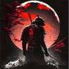 A silhouette of a samurai warrior against a large red moon and a dark mountain landscape.