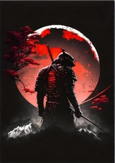 A silhouette of a samurai warrior against a large red moon and a dark mountain landscape.