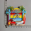 A set of colorful fridge magnets featuring Florida imagery including palm trees and a vintage red car.