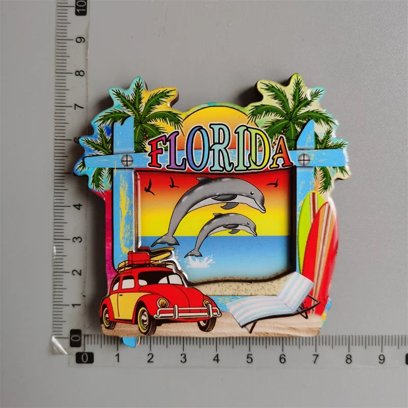 A set of colorful fridge magnets featuring Florida imagery including palm trees and a vintage red car.