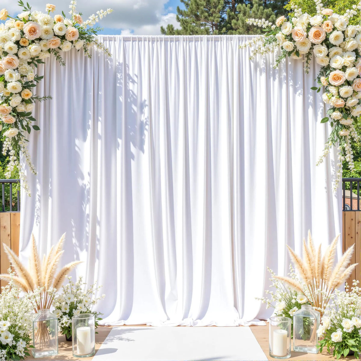 A white fabric backdrop with vertical pleats and floral greenery used as an event decoration.