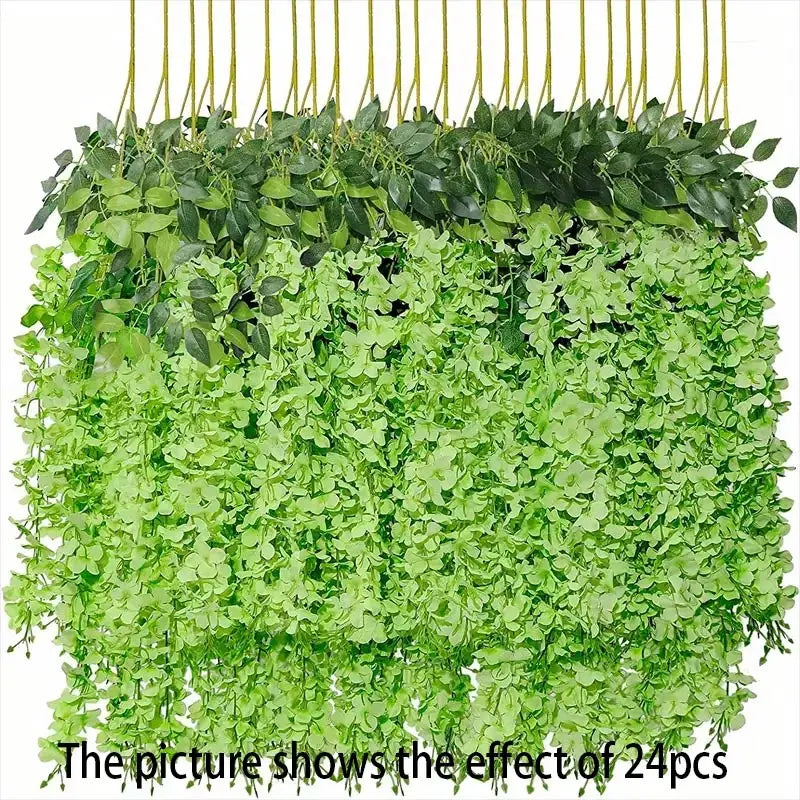 A lush green artificial wisteria vine garland with cascading leaves and small flowers.