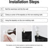 Installation steps showing how to hang a tapestry on the wall using non-marking nails.