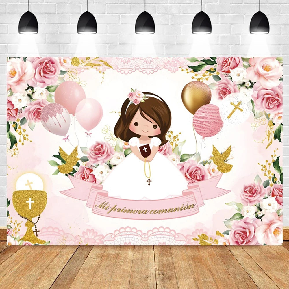 A pink and gold floral backdrop featuring a girl in a white dress for a First Communion celebration.