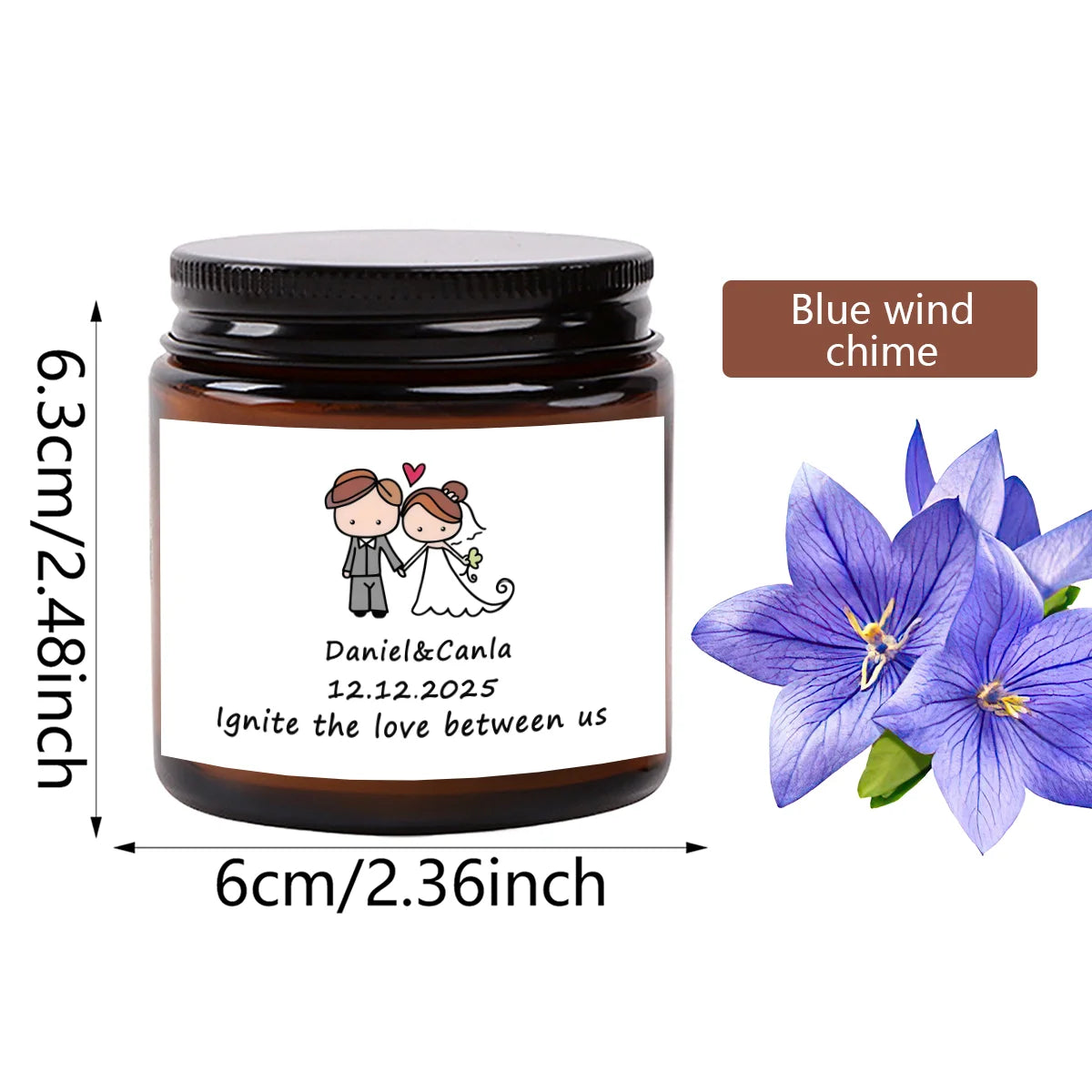 A dark glass jar candle with a label featuring a silhouette of a couple and the text Daniel & Canla for a blue wind chime gif