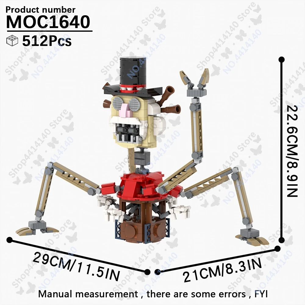 A yellow and red Five Nights at Freddy's building block model with multiple arms and a head, shown against a white background