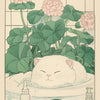 A watercolor illustration of a white cat resting in water with pink flowers and green leaves.