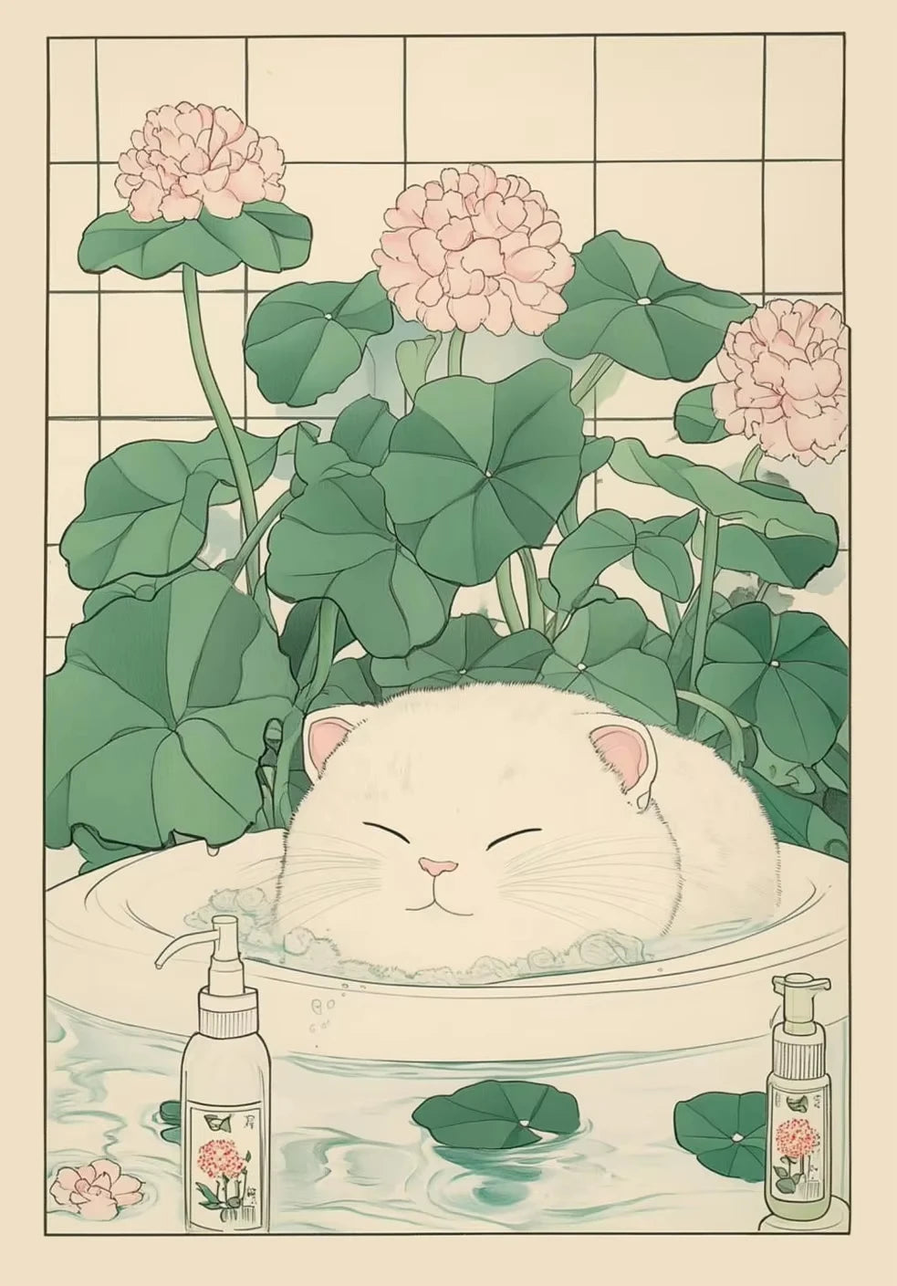 A watercolor illustration of a white cat resting in water with pink flowers and green leaves.