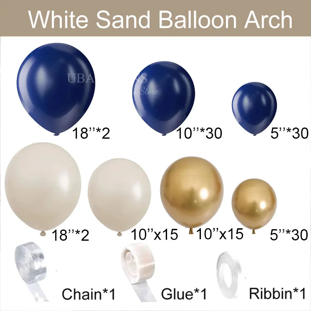 White sand balloon arch kit showing various balloons and accessories like chain, glue, and ribbon