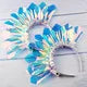 A sparkling blue LED glowing headband with a fan-like design for parties and cosplay.