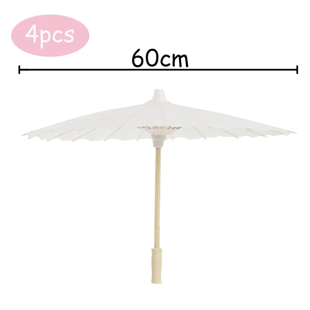 A white decorative paper parasol umbrella with a 60cm span and four pieces.