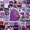 A purple anime cartoon character with glowing red eyes and a yellow object is featured on a patterned background.