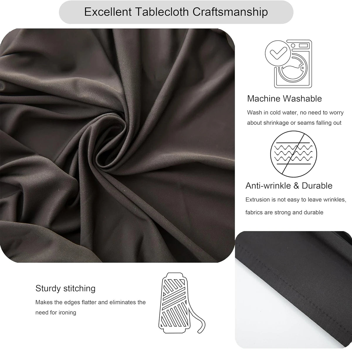 A dark gray stretch spandex tablecloth fabric showing its drape and durability features.