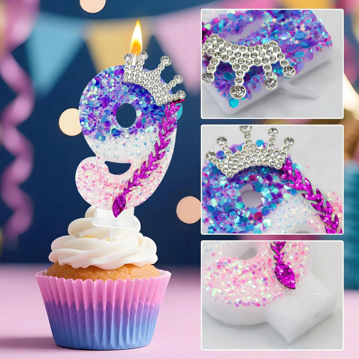 A set of gradient sparkle number birthday candles from 0 to 9 displayed on a cupcake.