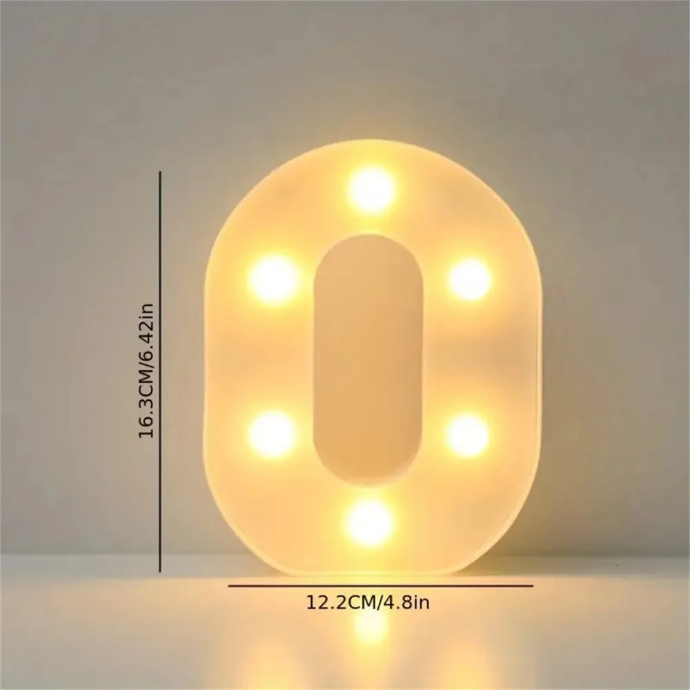 A glowing letter O made of LED lights, used for cozy room and party decor.