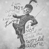 A black and white drawing of a skull-faced figure with a sword, surrounded by text that reads I am not afraid to keep on livi
